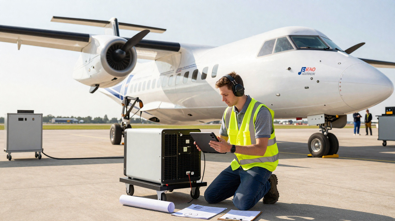Homem com colete amarelo verifica equipamento próximo a avião branco em pista de aeroporto.