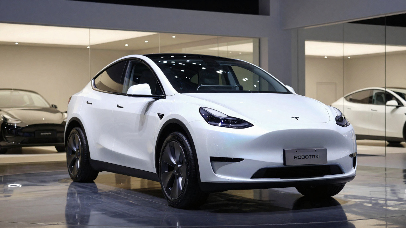 Carro elétrico branco modelo Tesla exibido em showroom moderno com espelhos ao fundo.