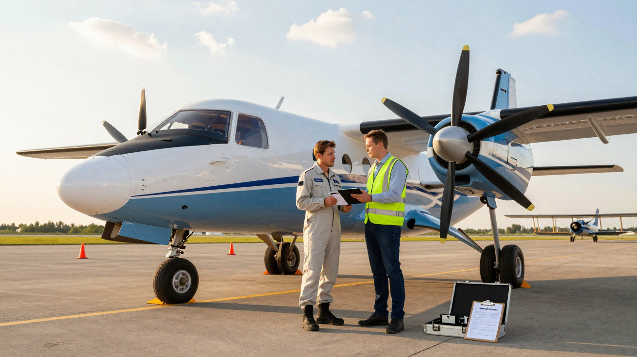 Dois homens em uniforme discutem próximos a um avião turboélice branco estacionado em pista de aeroporto.