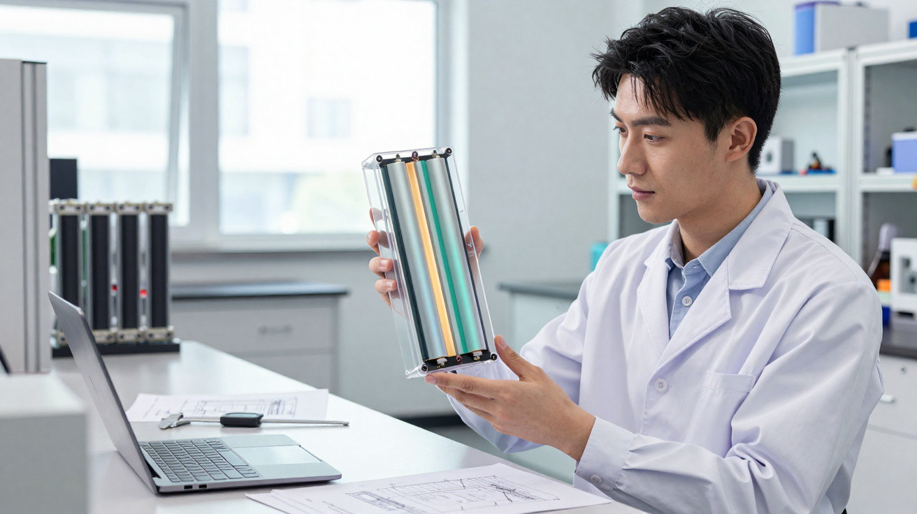 Homem de jaleco branco analisando tubo transparente com cilindros coloridos em laboratório moderno.