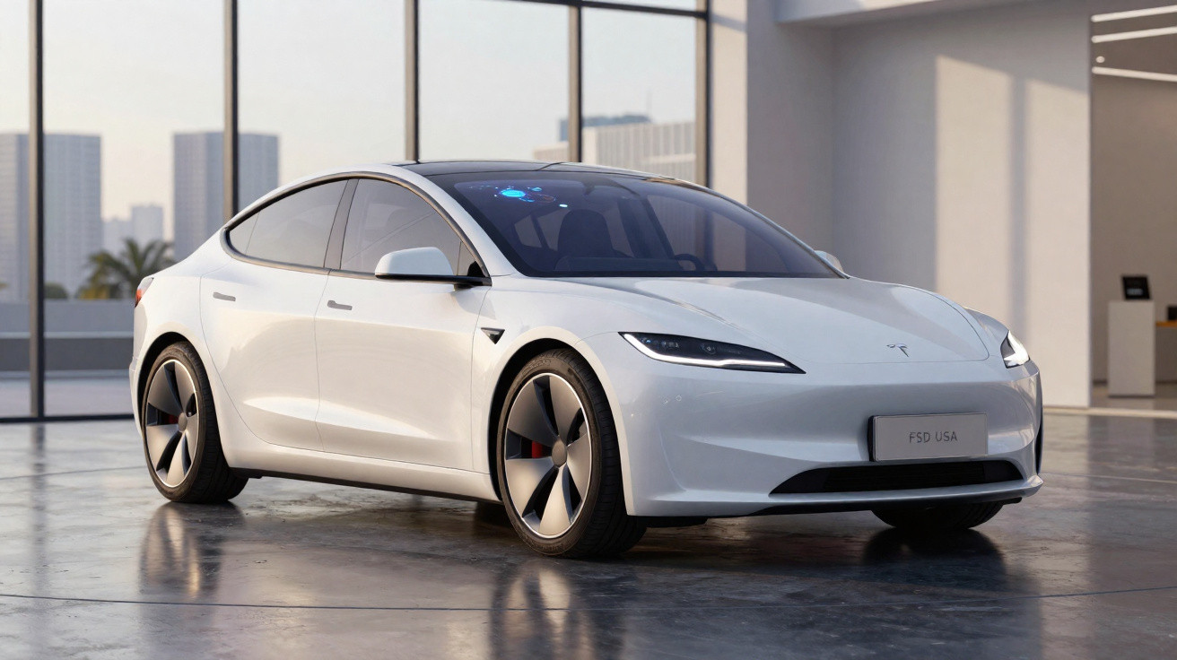 Carro elétrico branco Tesla modelo sedan em ambiente interno moderno com piso refletivo.
