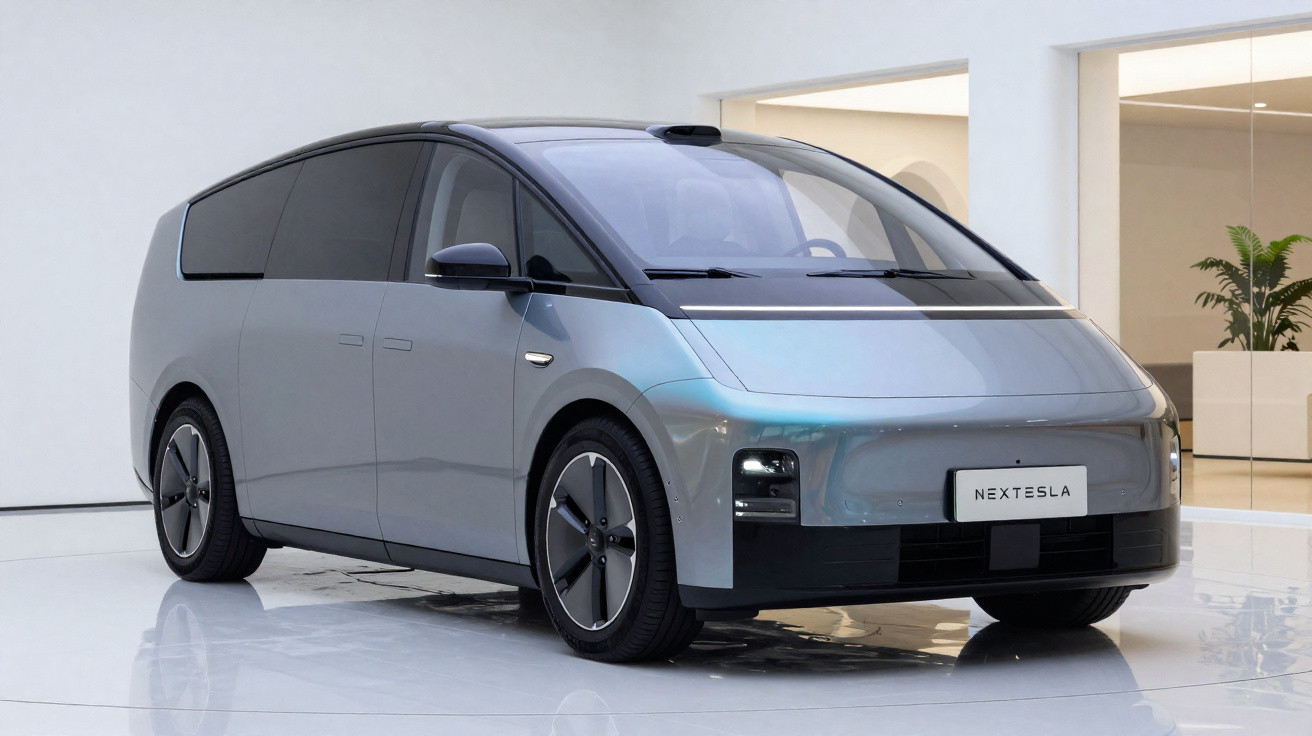 Van elétrica cinza com design futurista e placas com a inscrição "Nextesla" em ambiente interno branco.