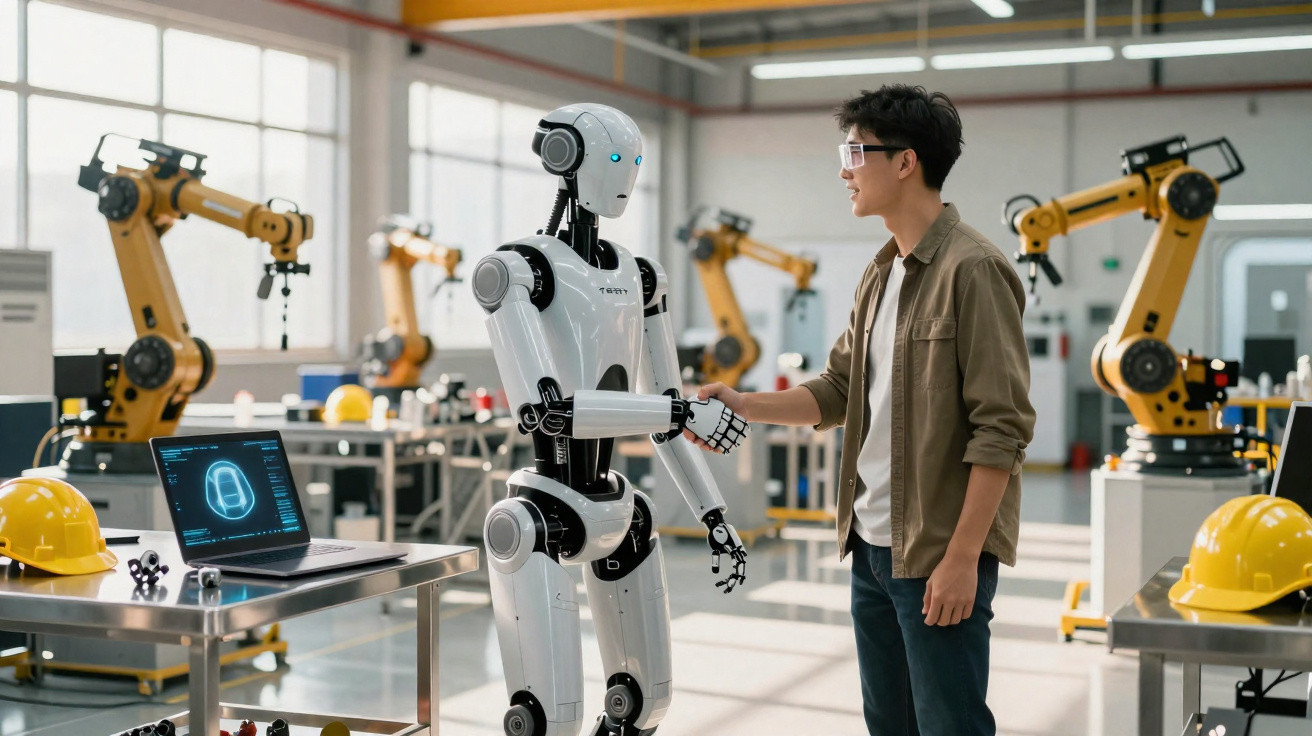 Homem e robô apertam as mãos em fábrica moderna com braços robóticos e equipamentos tecnológicos.