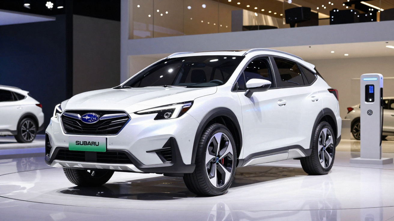 Carro SUV branco Subaru exposto em ambiente interno moderno, com carregador elétrico ao lado.