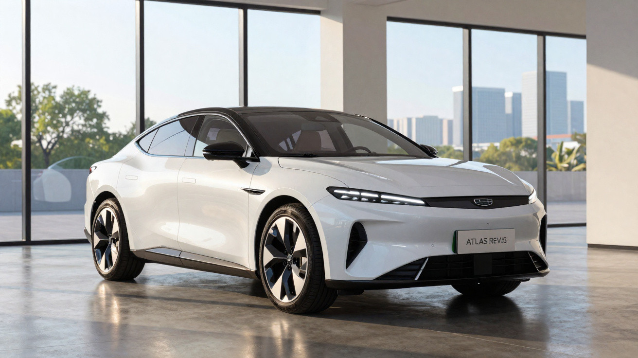 Carro branco elétrico Geely Atlas REVIS em ambiente interno com janelas amplas e vista urbana ao fundo.