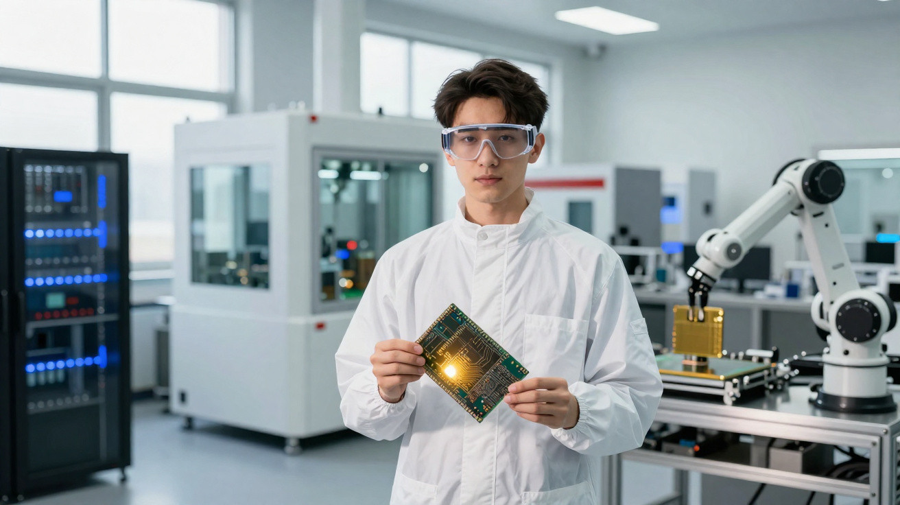 Jovem cientista em laboratório segurando placa de circuito impresso com equipamentos tecnológicos ao fundo.