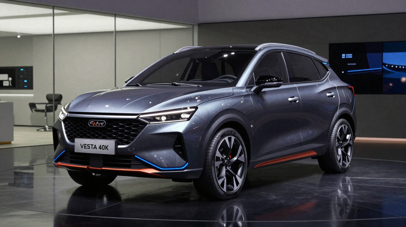 Carro SUV cinza metalizado GAC Vesta 40K em showroom com design moderno e faróis LED afilados.