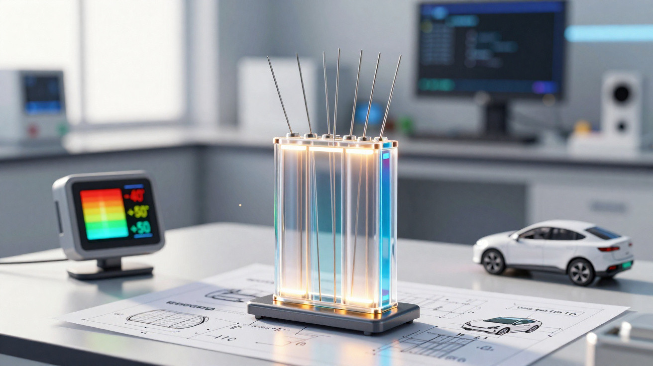Célula de combustível brilhante sobre mesa com plantas de carro e monitor colorido em laboratório moderno.