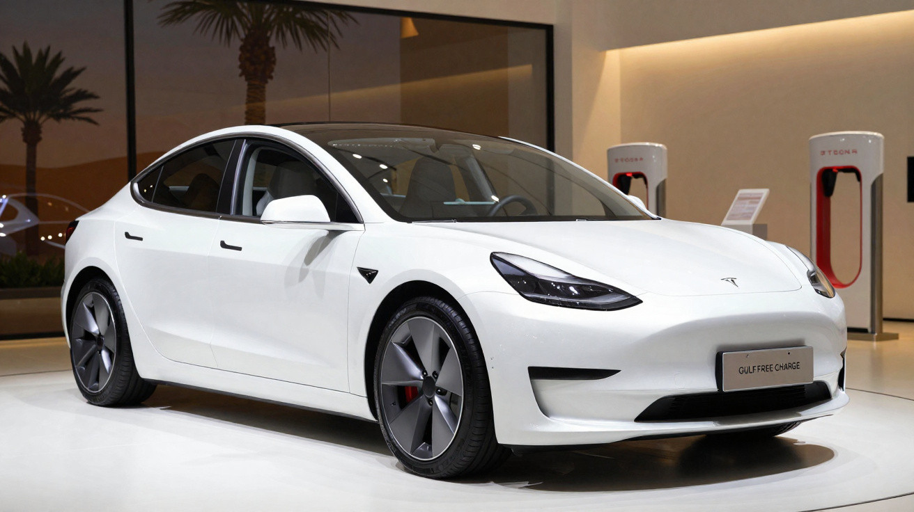 Carro elétrico Tesla branco estacionado em showroom com pontos de recarga ao fundo.
