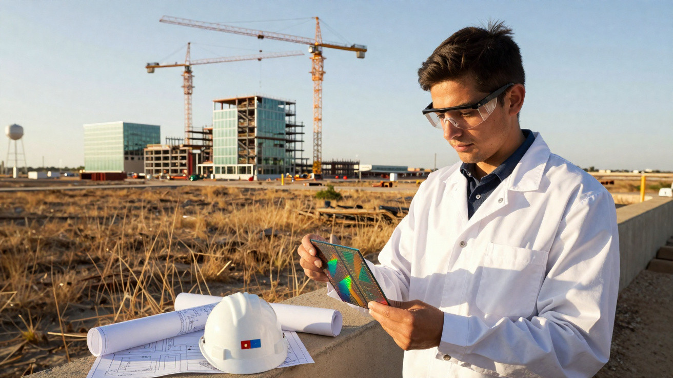 Engenheiro com jaleco e óculos de proteção analisa tabela em canteiro de obras com prédios e guindastes ao fundo.