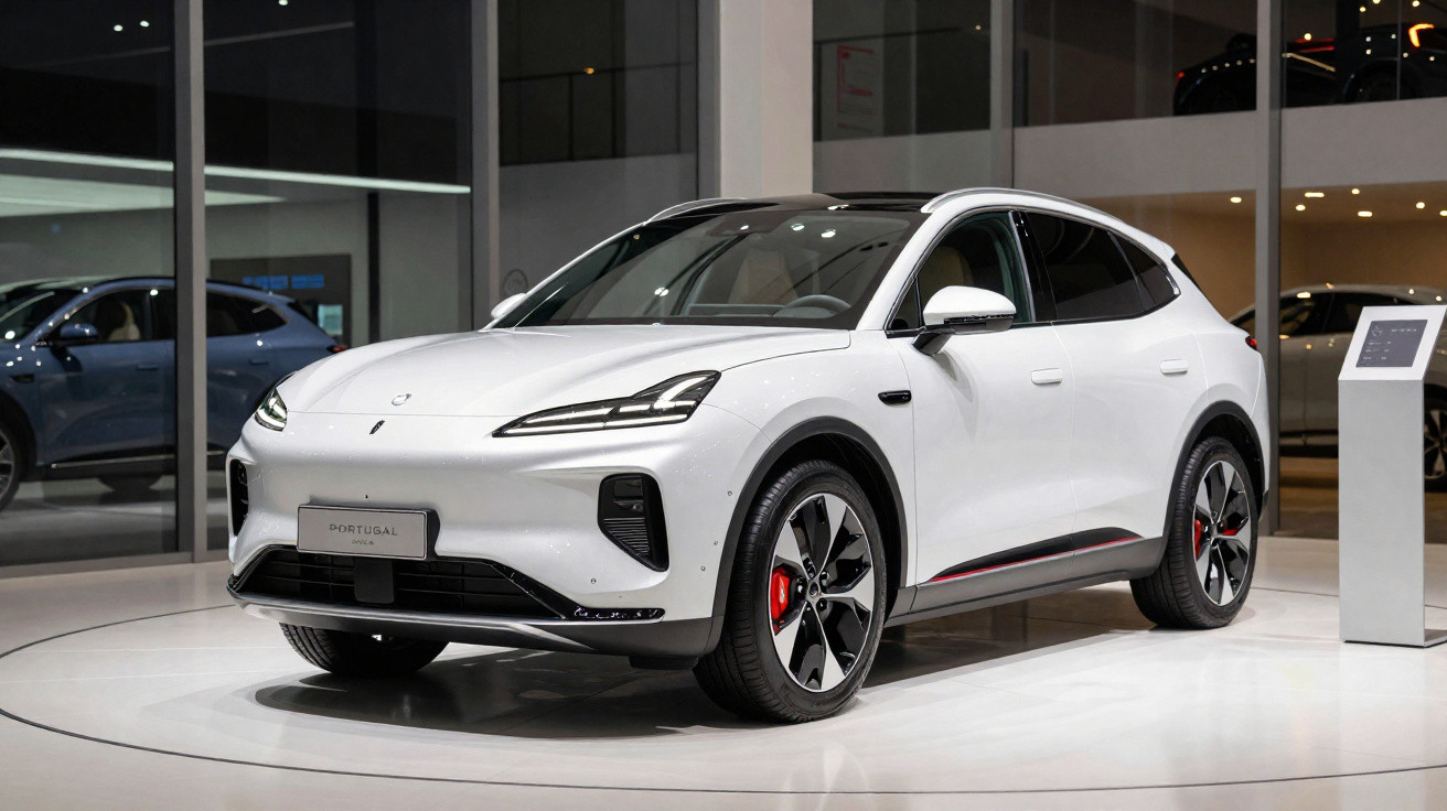 Carro elétrico branco exposto em showroom moderno, com design aerodinâmico e rodas esportivas.