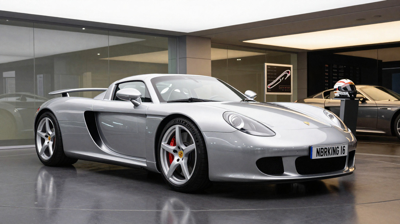 Carro esportivo Porsche prata estacionado em showroom moderno com piso refletivo.