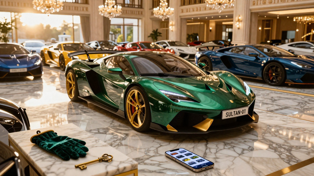 Carro esportivo verde metálico com detalhes dourados em showroom de luxo com pisos de mármore e lustres.