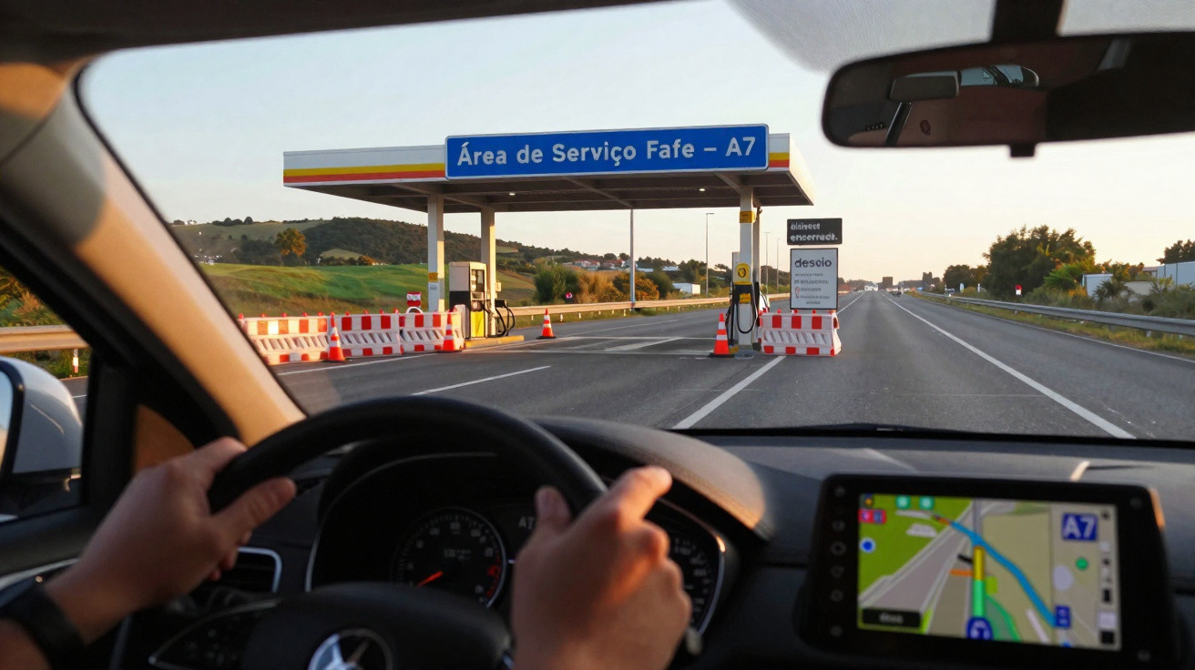 Vista do interior de um carro com motorista, se aproximando de posto de combustível na estrada A7 em Fafe, Portugal.
