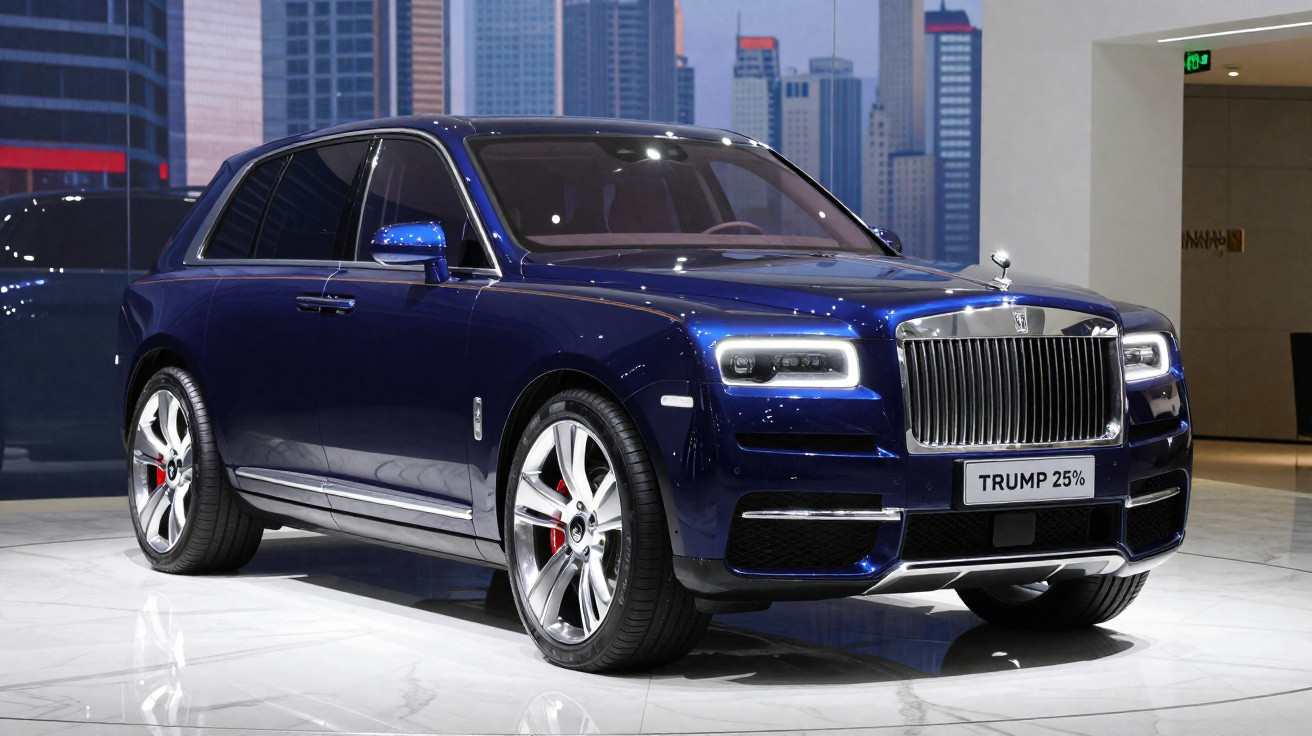 SUV de luxo azul metálico da Rolls-Royce modelo Cullinan em exposição interna com fundo urbano.