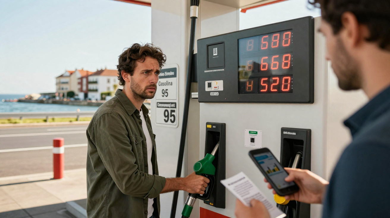 Homem abastecendo carro em posto de gasolina com preços altos exibidos no painel digital.