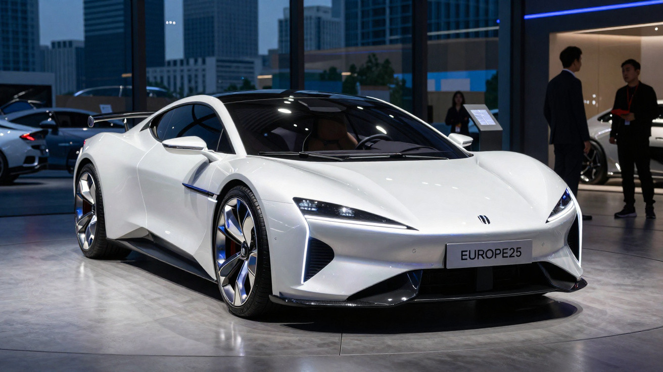 Carro esportivo elétrico branco com design futurista em exposição noturna urbana.