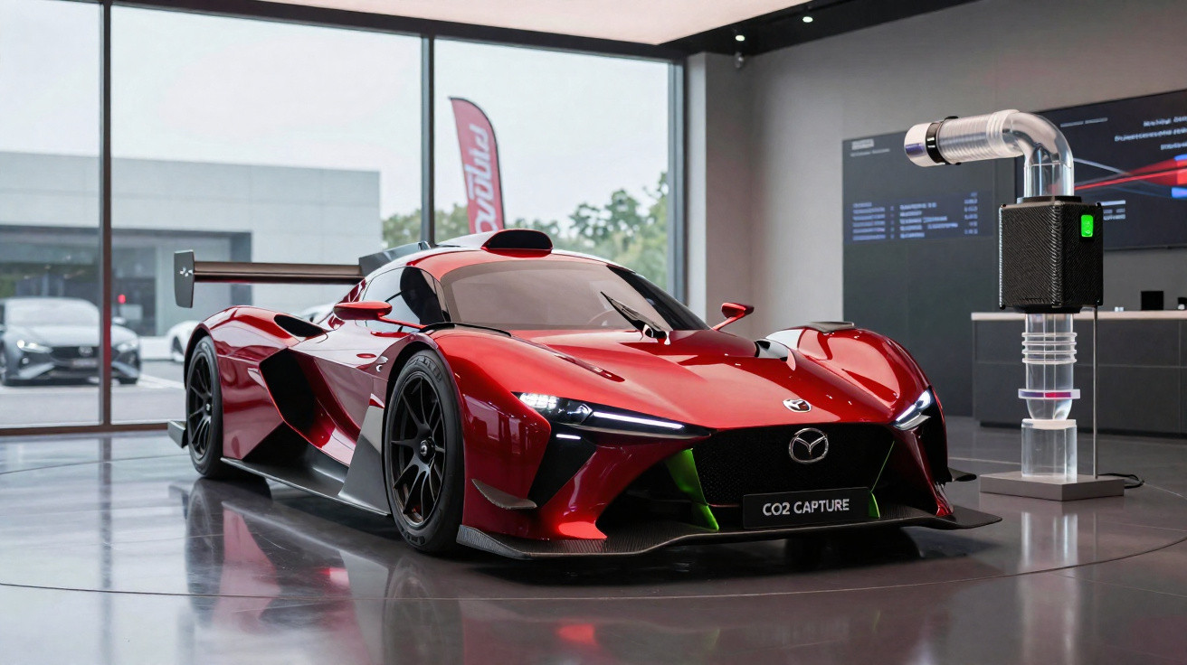 Carro esporte vermelho futurista da Mazda em exposição interna com sistema de captura de CO2 ao lado.