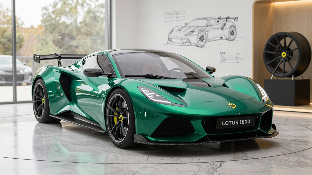 Carro esportivo verde Lotus 1800 em exposição, com design aerodinâmico e rodas pretas.