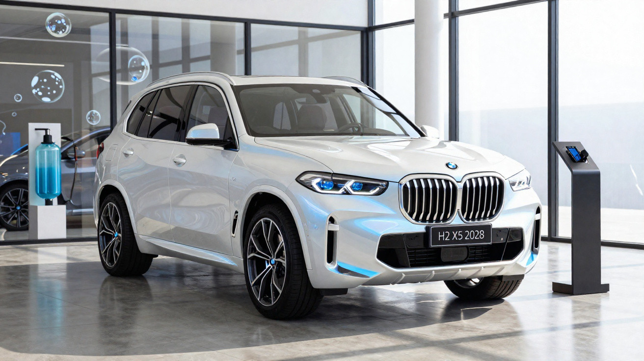 SUV BMW X5 branco estacionado em showroom moderno com piso cinza e paredes de vidro.