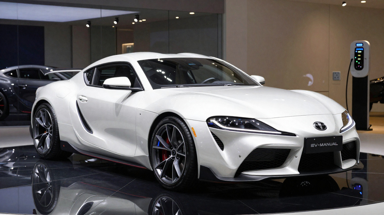 Carro esportivo branco Toyota Supra EV-Manual exibido em salão automotivo com piso refletivo.