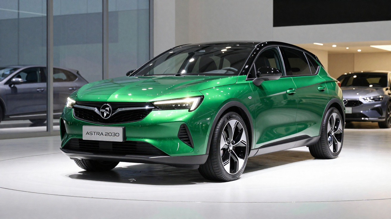 Carro hatchback verde metálico modelo Astra 2030 exposto em showroom moderno e iluminado.