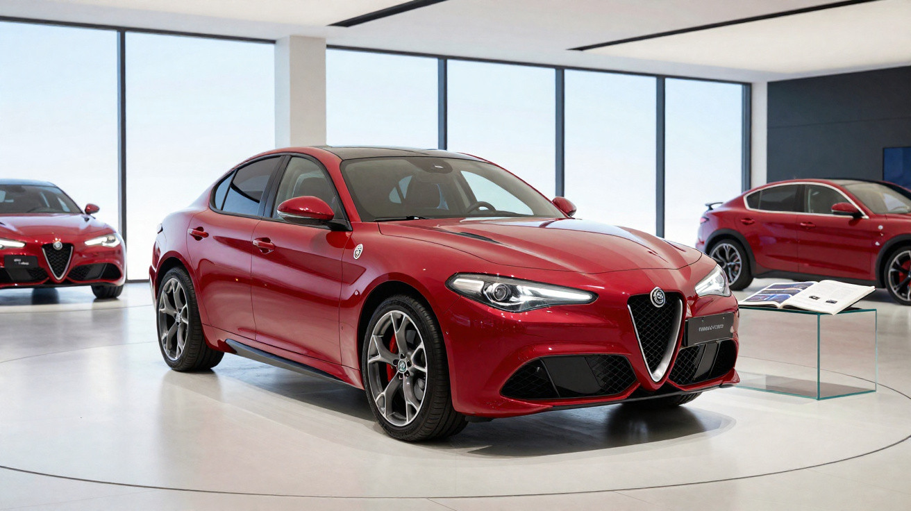 Carro esportivo vermelho Alfa Romeo em exibição dentro de showroom moderno com janelas amplas.