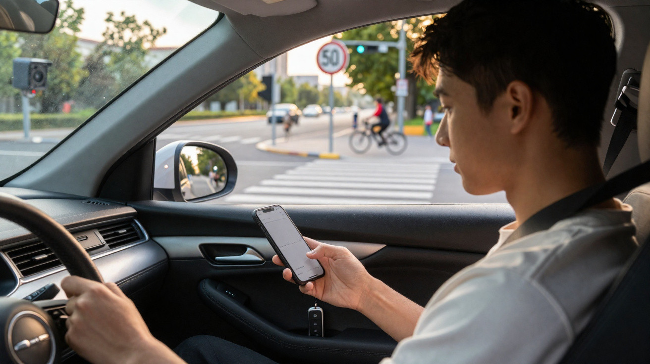 Homem olhando para celular enquanto está sentado no banco do motorista de um carro parado em um semáforo.