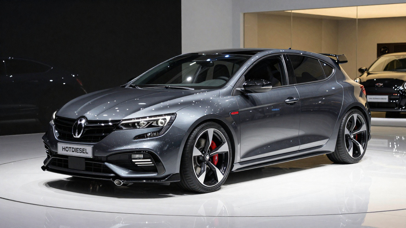 Carro hatchback esportivo cinza metálico exibido em estande moderno com rodas pretas com detalhes vermelhos.