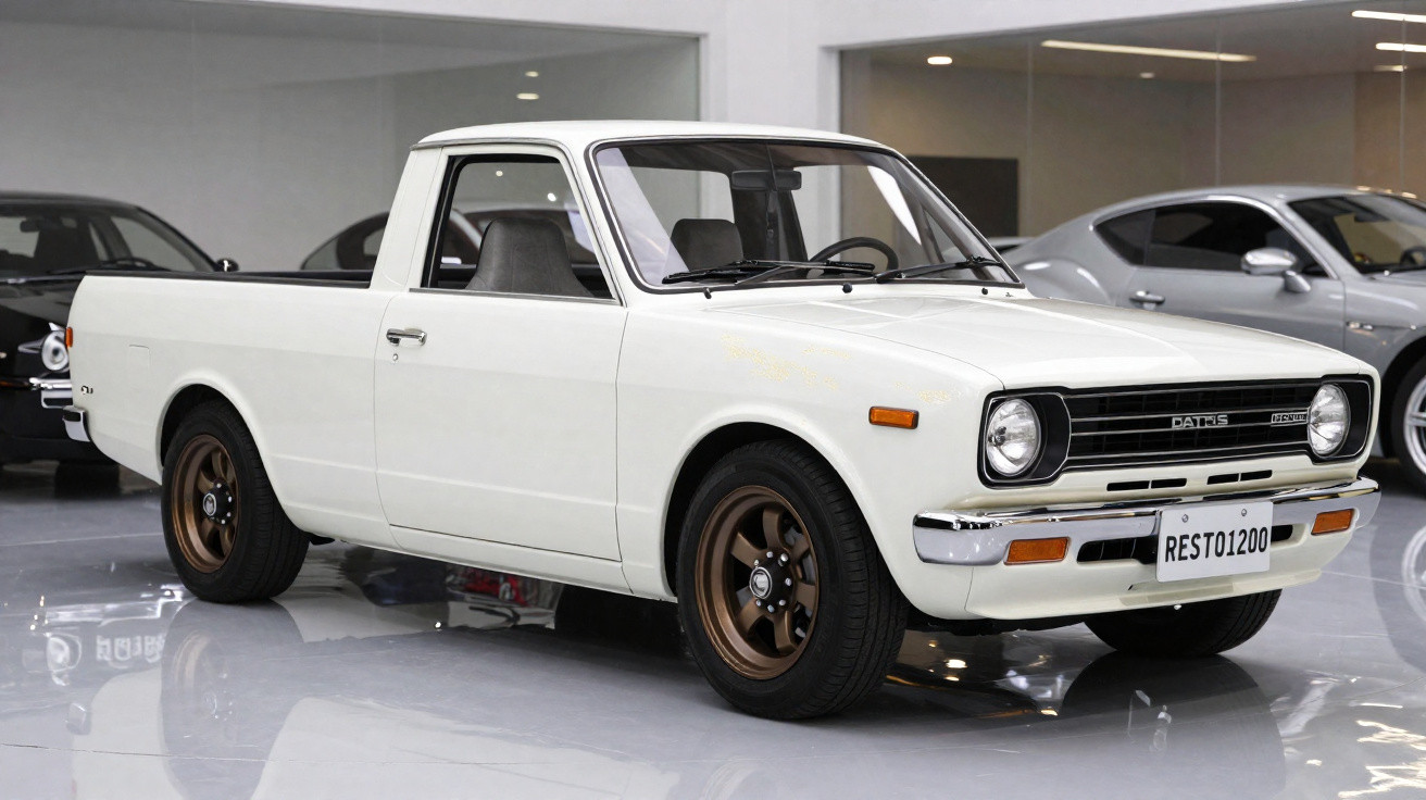 Picape Datsun 1200 branca, clássica, em exposição em ambiente interno com piso refletivo.