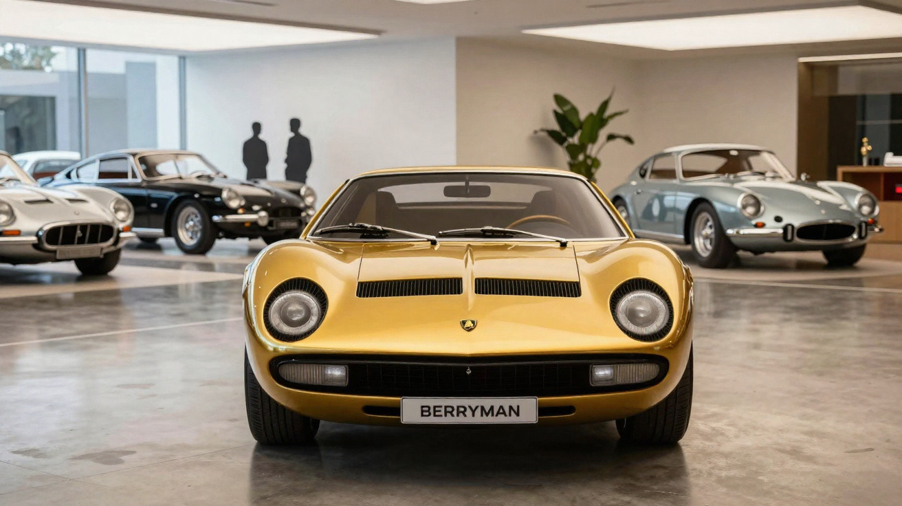Carro esportivo clássico amarelo em exposição com três carros antigos ao fundo em salão moderno.