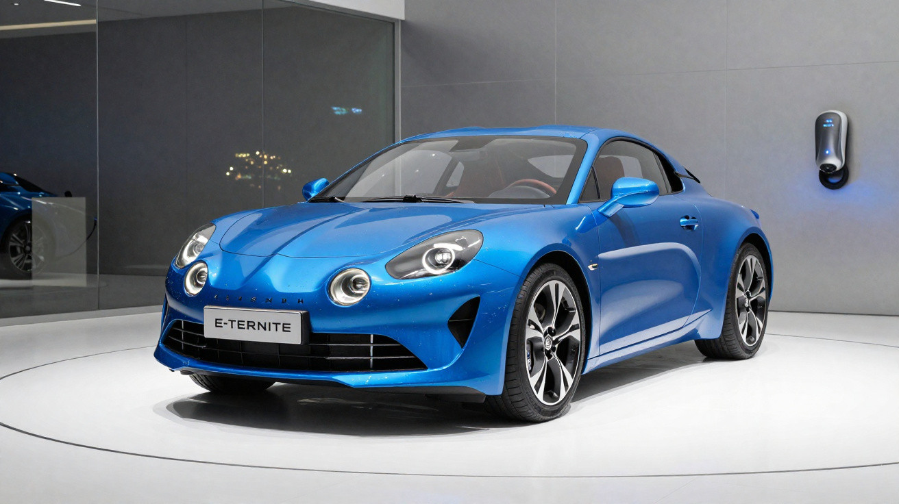 Carro esportivo azul Alpine E-Ternite elétrico exibido em plataforma branca com carregador na parede.