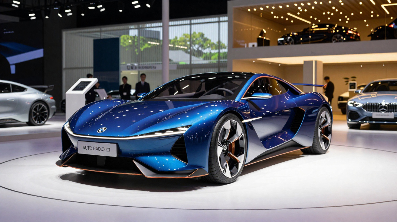 Carro esportivo azul elétrico futurista em exposição no salão do automóvel com iluminação ambiente destacada.