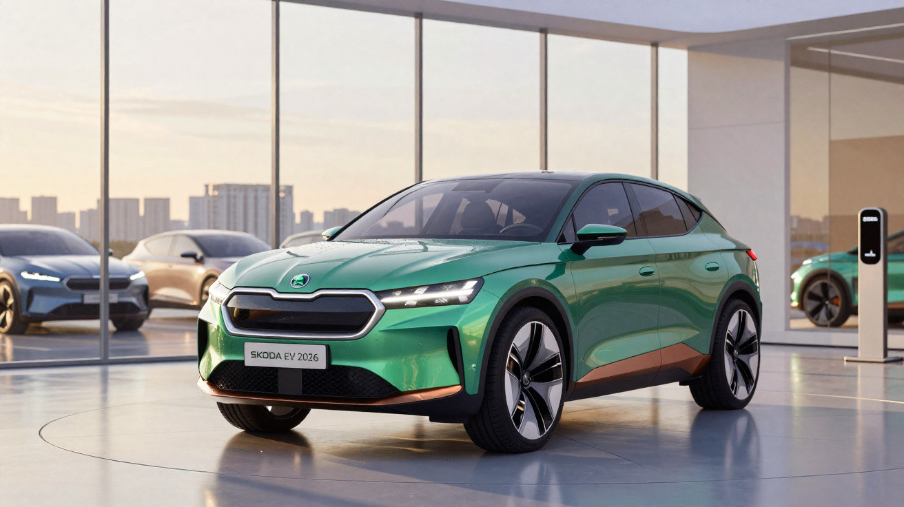 Carro elétrico verde Skoda EV 2026 em exposição moderna com janelas amplas e luz natural.