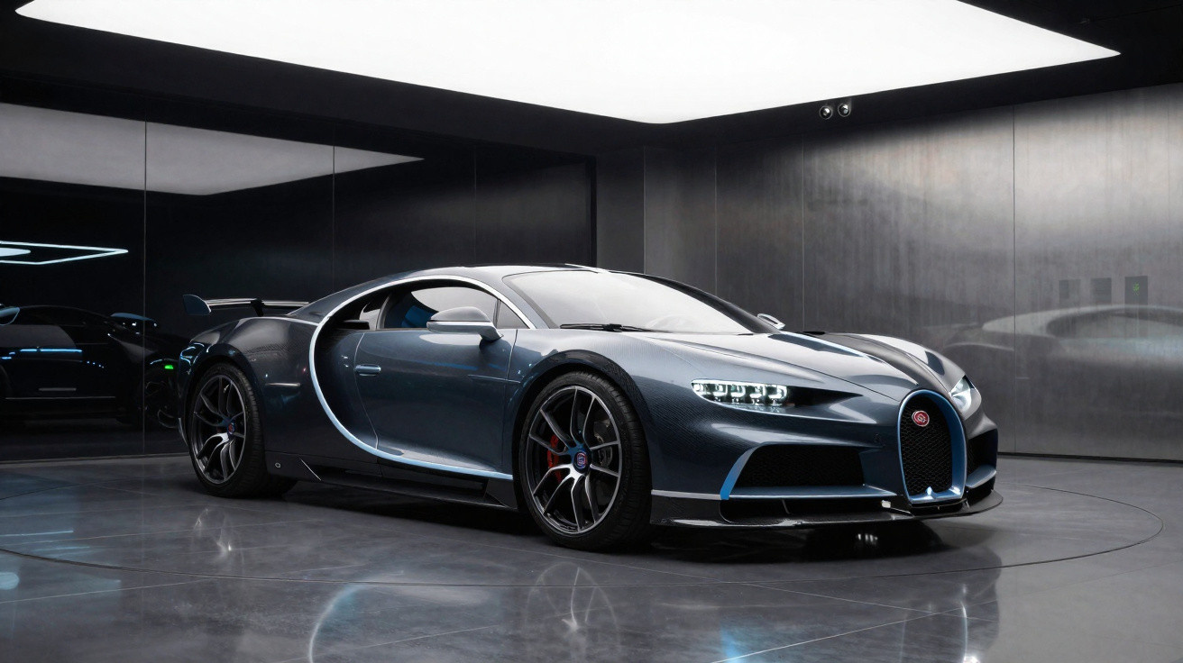 Carro esportivo Bugatti Chiron azul escuro em ambiente moderno com paredes espelhadas e iluminação branca.