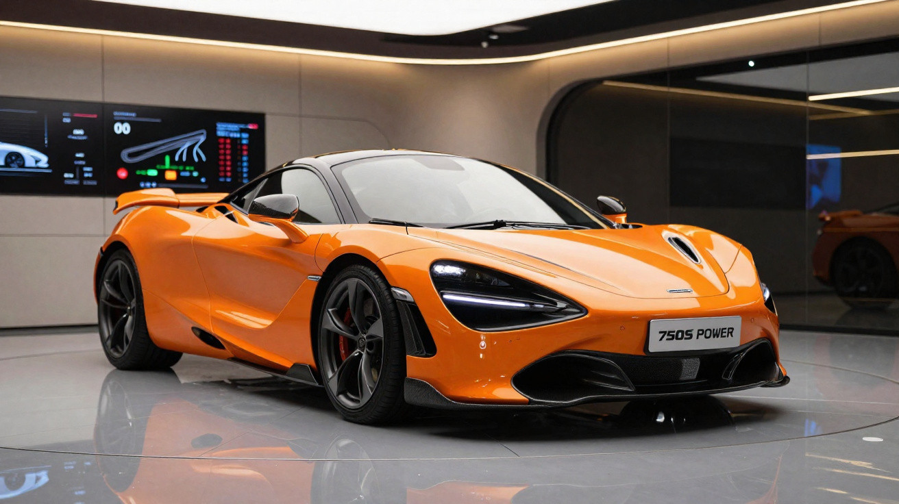Carro esportivo laranja McLaren 750S Power em exposição interna com fundo tecnológico.
