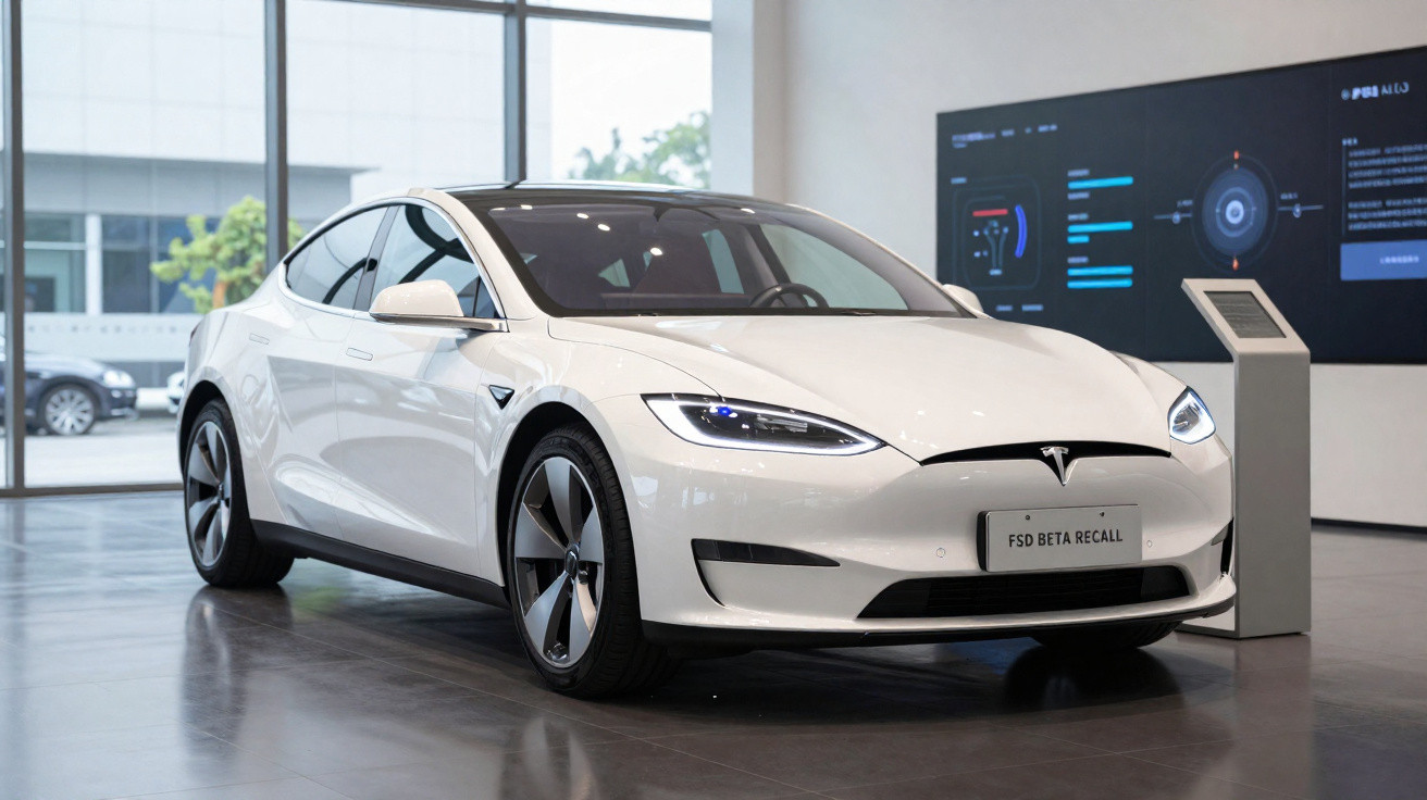 Carro elétrico Tesla branco em ambiente interno moderno com telas digitais ao fundo.