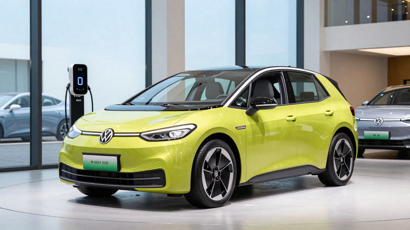 Carro elétrico Volkswagen ID. Golf amarelo em exposição com estação de recarga ao fundo.