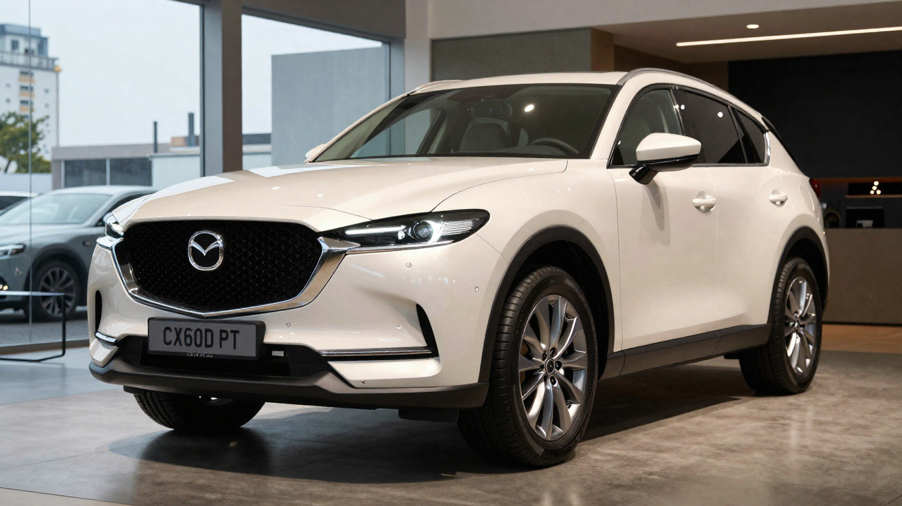 SUV branco Mazda CX-60 estacionado em showroom com iluminação interna e piso cinza.