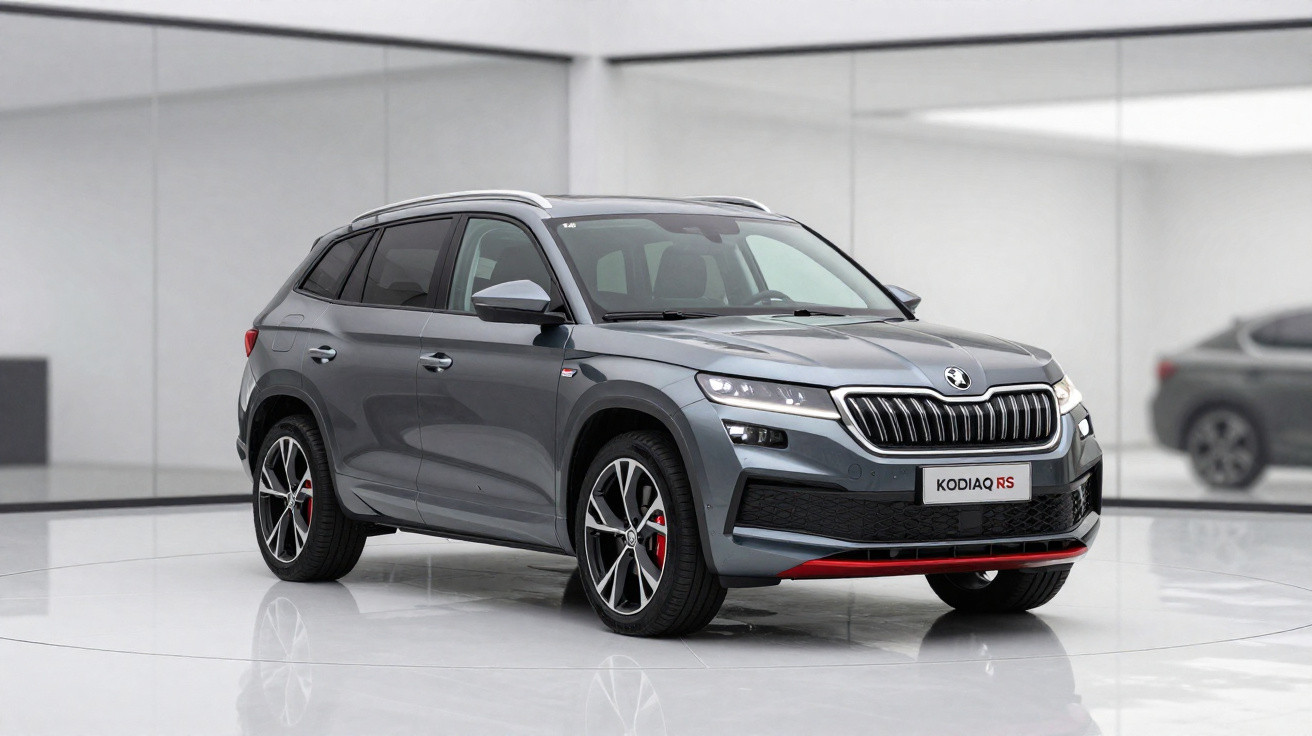 SUV cinza Skoda Kodiaq RS em ambiente interno com piso branco e paredes espelhadas.