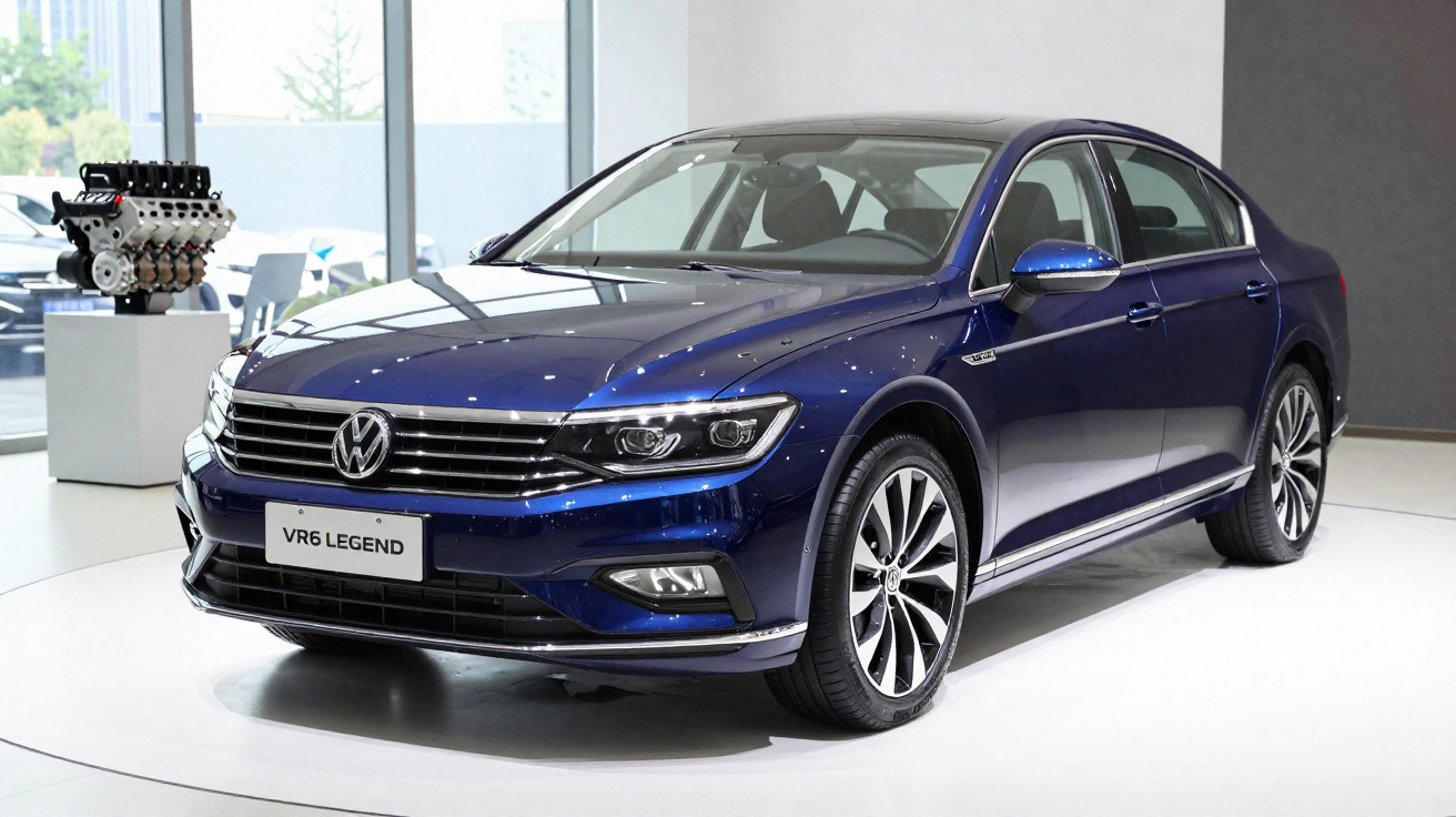 Carro sedan azul Volkswagen VR6 Legend exibido em showroom moderno e iluminado.