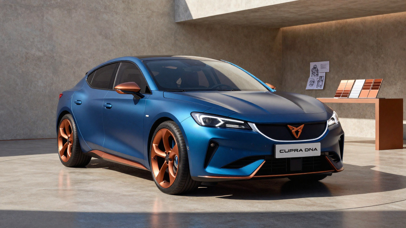 Carro esportivo elétrico azul com detalhes em bronze estacionado em ambiente moderno e minimalista.