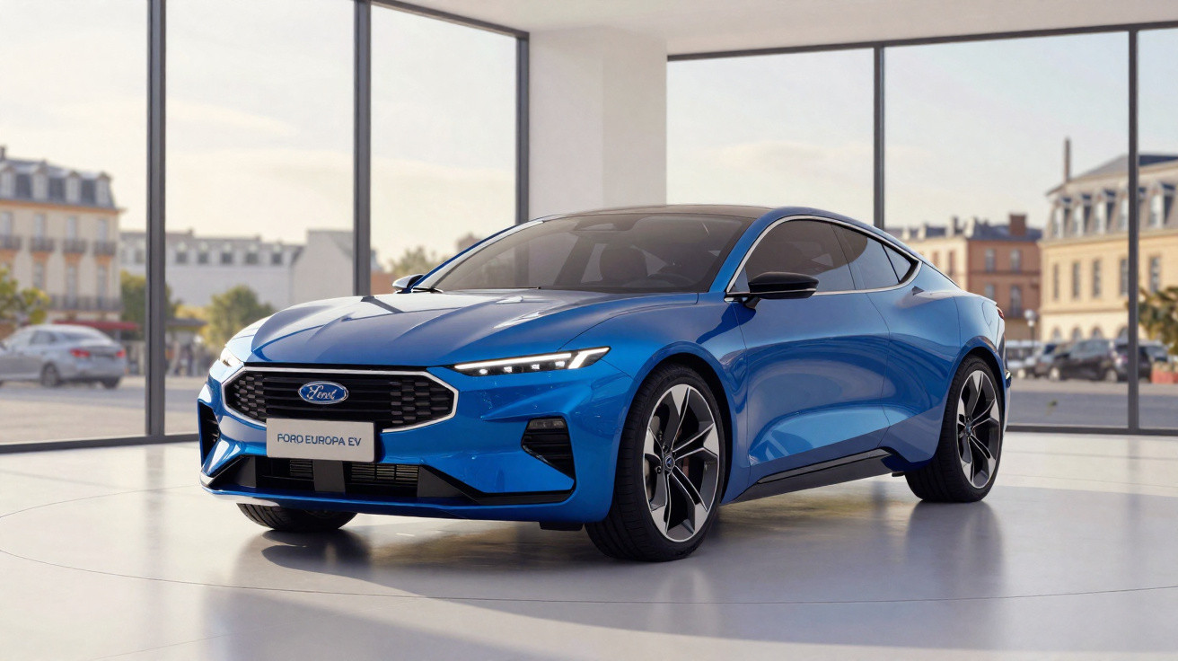Carro elétrico Ford Europa EV azul, modelo esportivo, exibido em showroom moderno com grandes janelas.