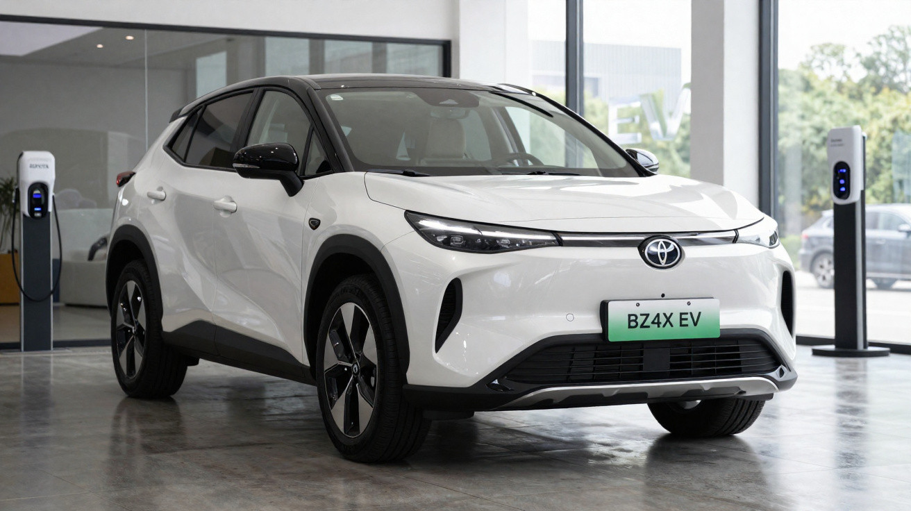 Carro elétrico branco Toyota BZ4X EV estacionado em showroom moderno com carregadores ao fundo.
