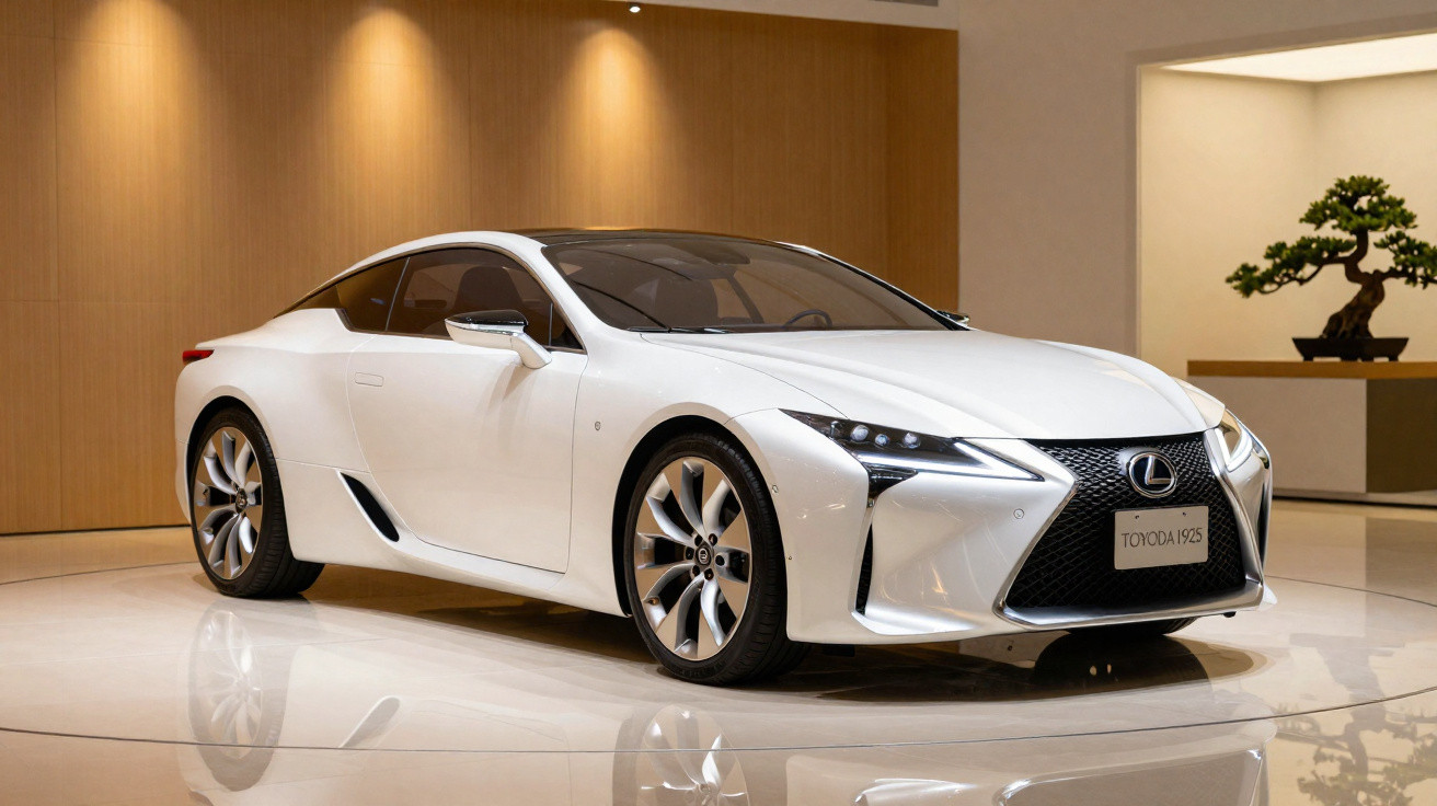 Carro esportivo branco Lexus estacionado em sala com parede de madeira e planta decorativa.