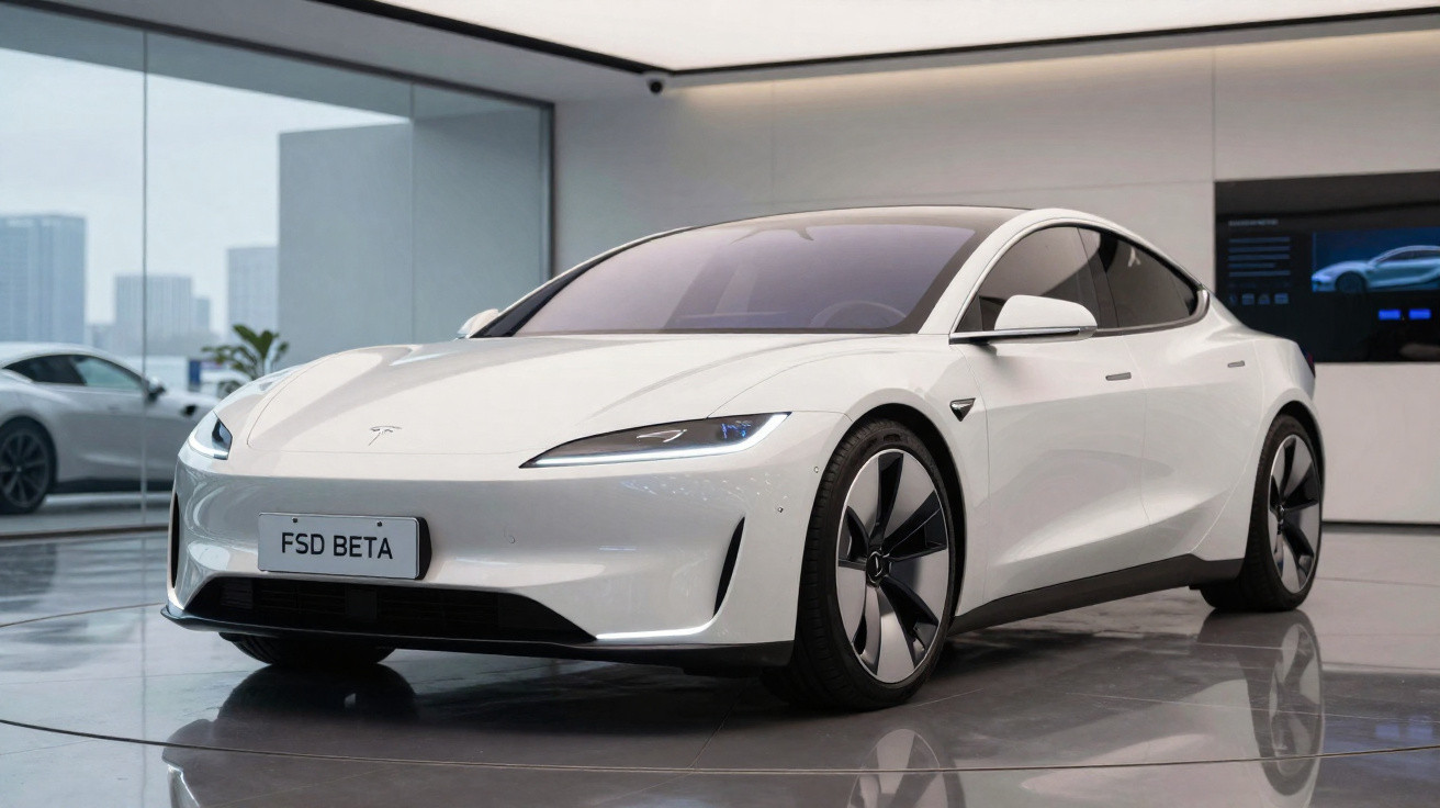 Carro elétrico branco Tesla modelo sedã em exposição interna com placa FSD BETA.