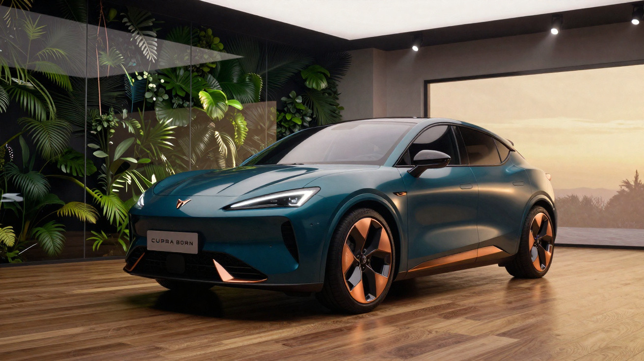 Carro elétrico azul Cupra Born em ambiente moderno com plantas e piso de madeira, iluminação indireta.