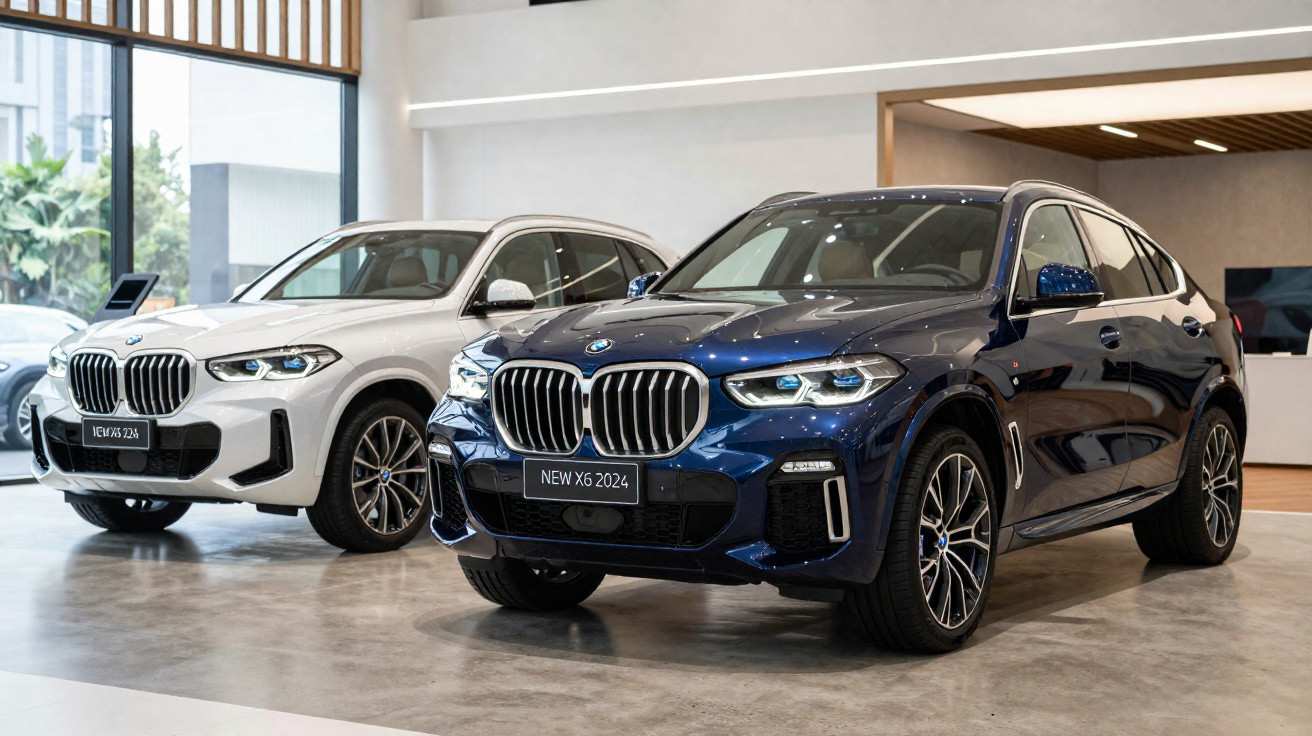 Dois carros BMW X6 2024, um azul e um branco, exibidos em showroom moderno e iluminado.