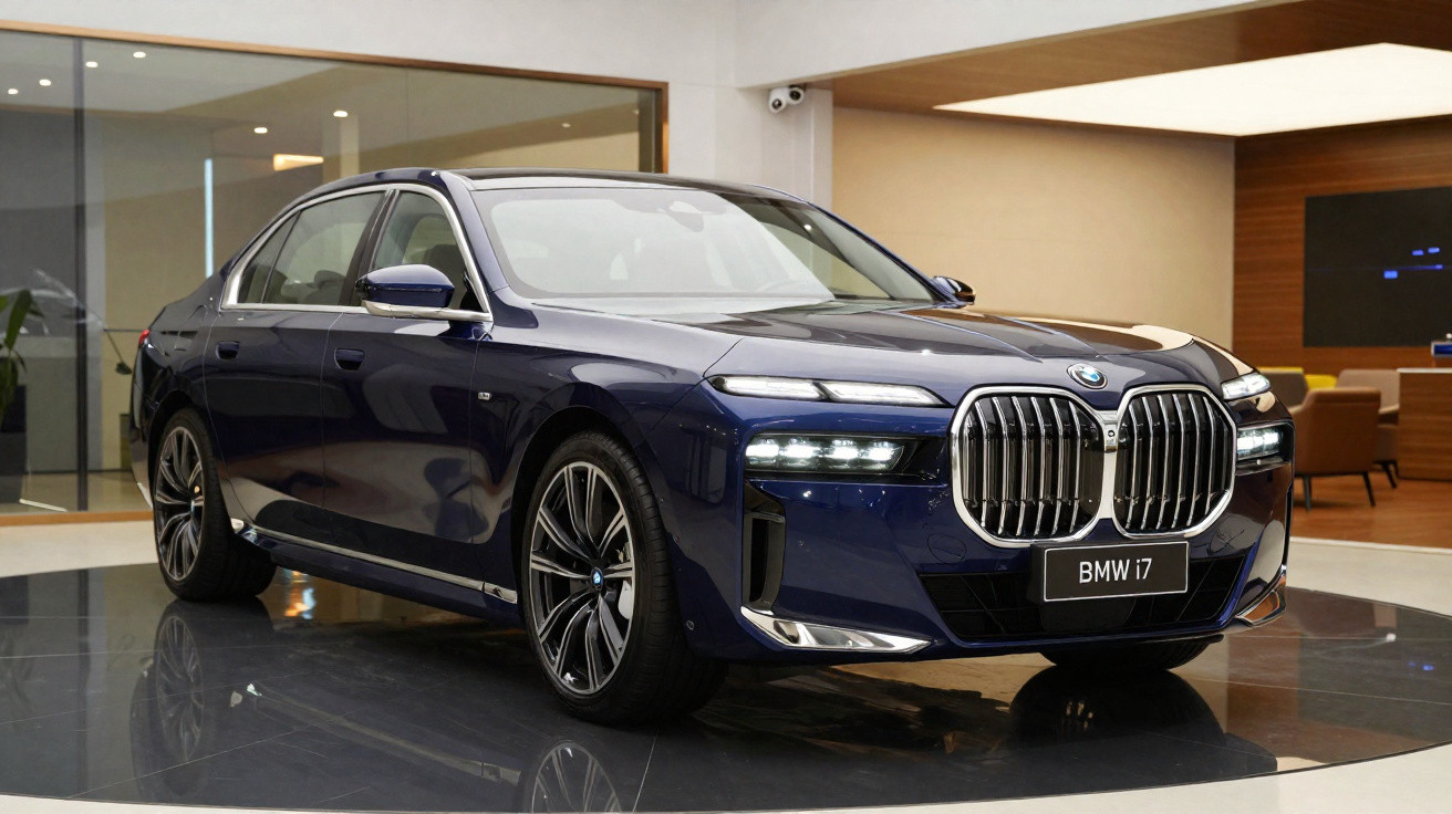 Carro BMW i7 azul escuro estacionado em showroom moderno com piso brilhante e decoração sofisticada.