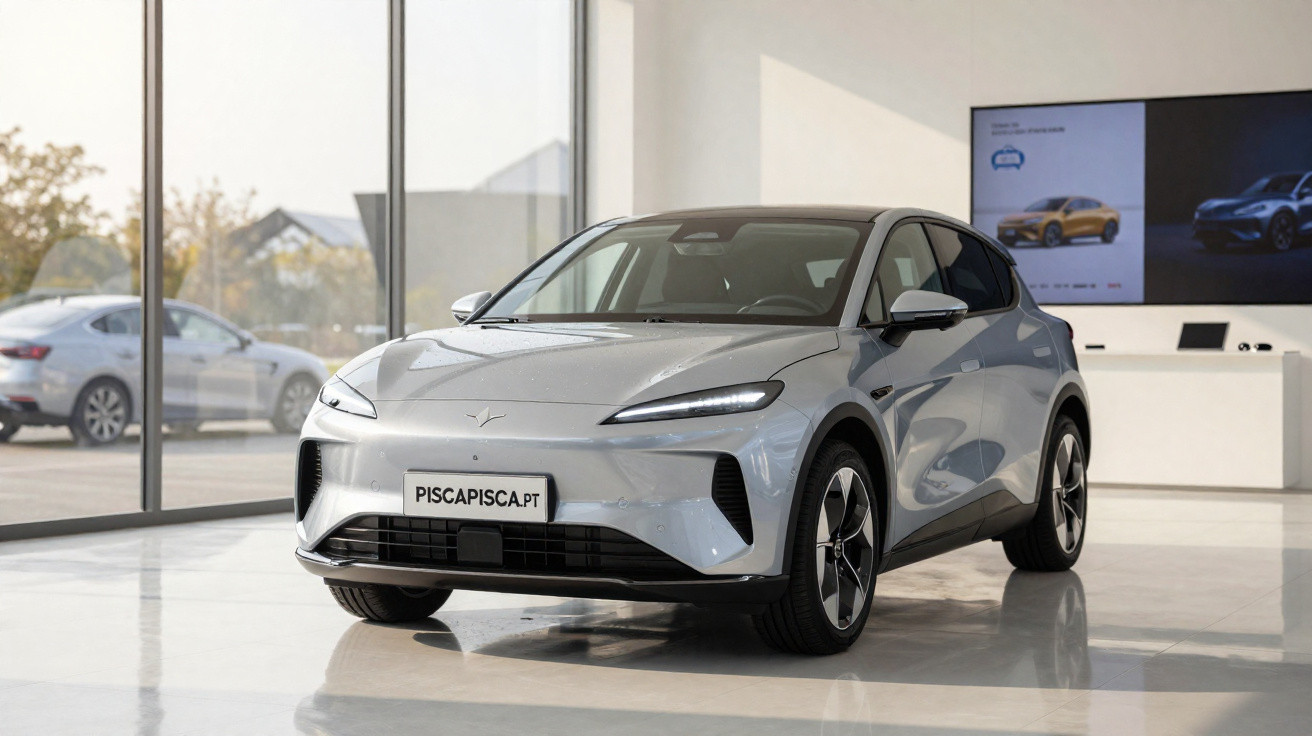 Carro elétrico cinza estacionado dentro de showroom moderno com grandes janelas de vidro.